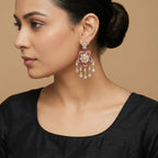 Rani Kundan Cascade Earrings detail showing polki floral center, pearl rim, and dangling pear drops