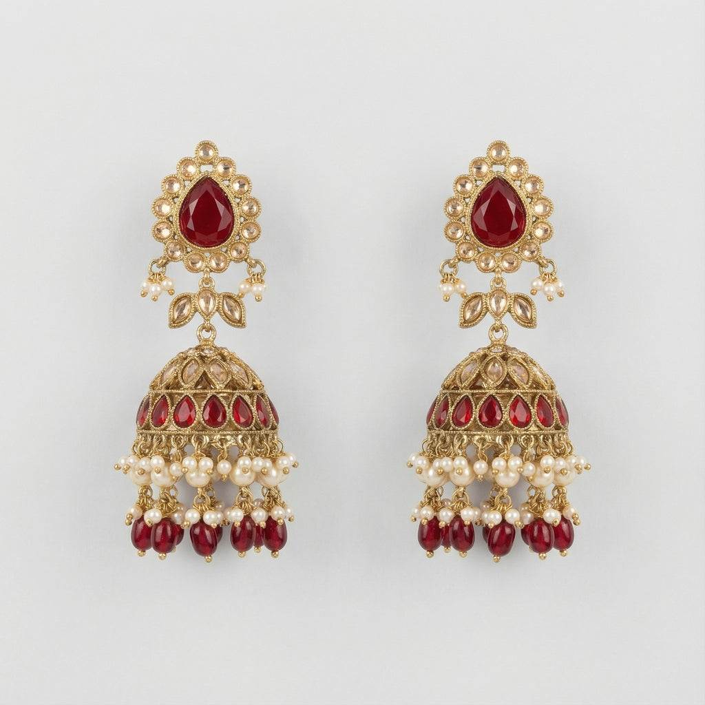 Noor Mahal Ruby Jhumka Earrings gold ruby kundan jhumkas with pearl and briolette fringe