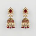 Noor Mahal Ruby Jhumka Earrings gold ruby kundan jhumkas with pearl and briolette fringe