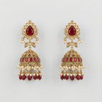 Noor Mahal Ruby Jhumka Earrings gold ruby kundan jhumkas with pearl and briolette fringe