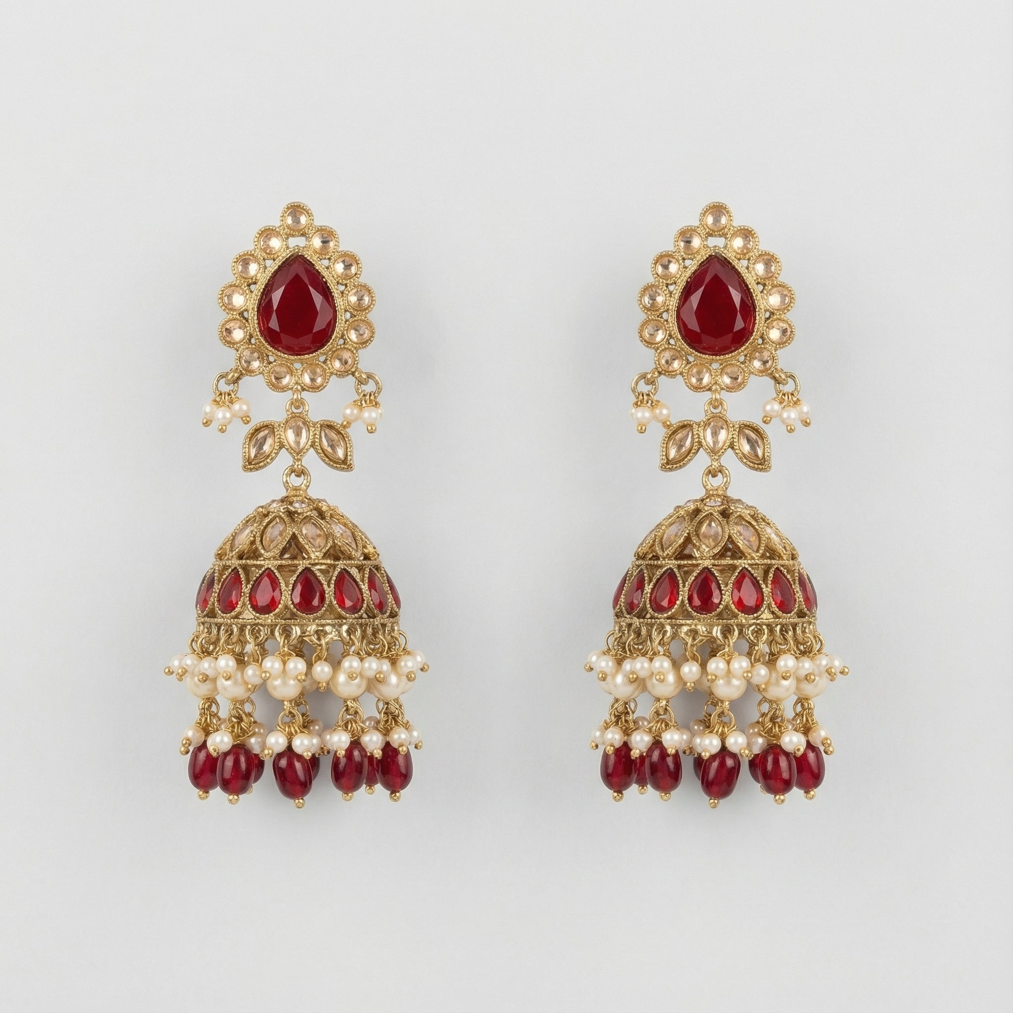 Noor Mahal Ruby Jhumka Earrings gold ruby kundan jhumkas with pearl and briolette fringe