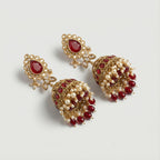 Noor Mahal Ruby Jhumka Earrings detail showing ruby stud halo and bell teardrop band