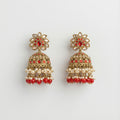 Crimson Noor Pearl Jhumkas gold ruby floral jhumkas with pearl and red bead fringe