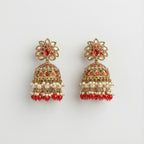Crimson Noor Pearl Jhumkas gold ruby floral jhumkas with pearl and red bead fringe
