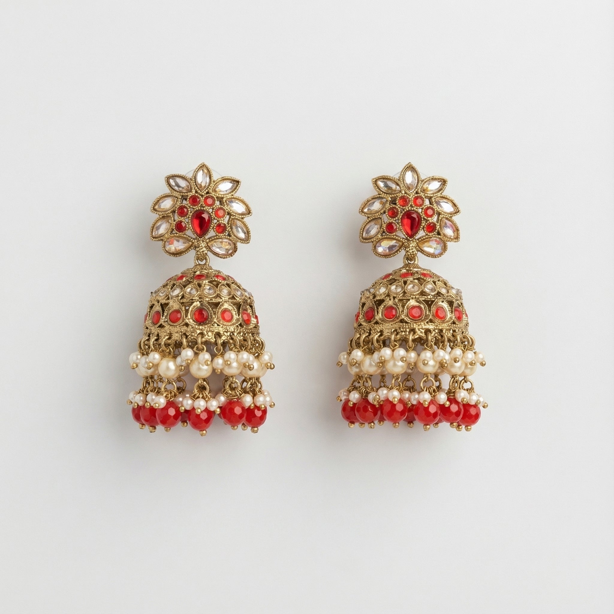 Crimson Noor Pearl Jhumkas gold ruby floral jhumkas with pearl and red bead fringe
