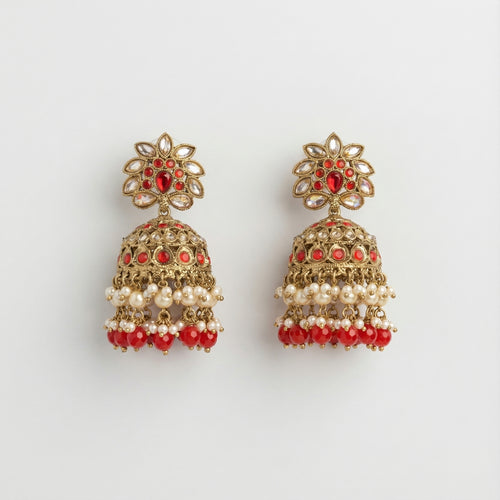 Crimson Noor Pearl Jhumkas gold ruby floral jhumkas with pearl and red bead fringe