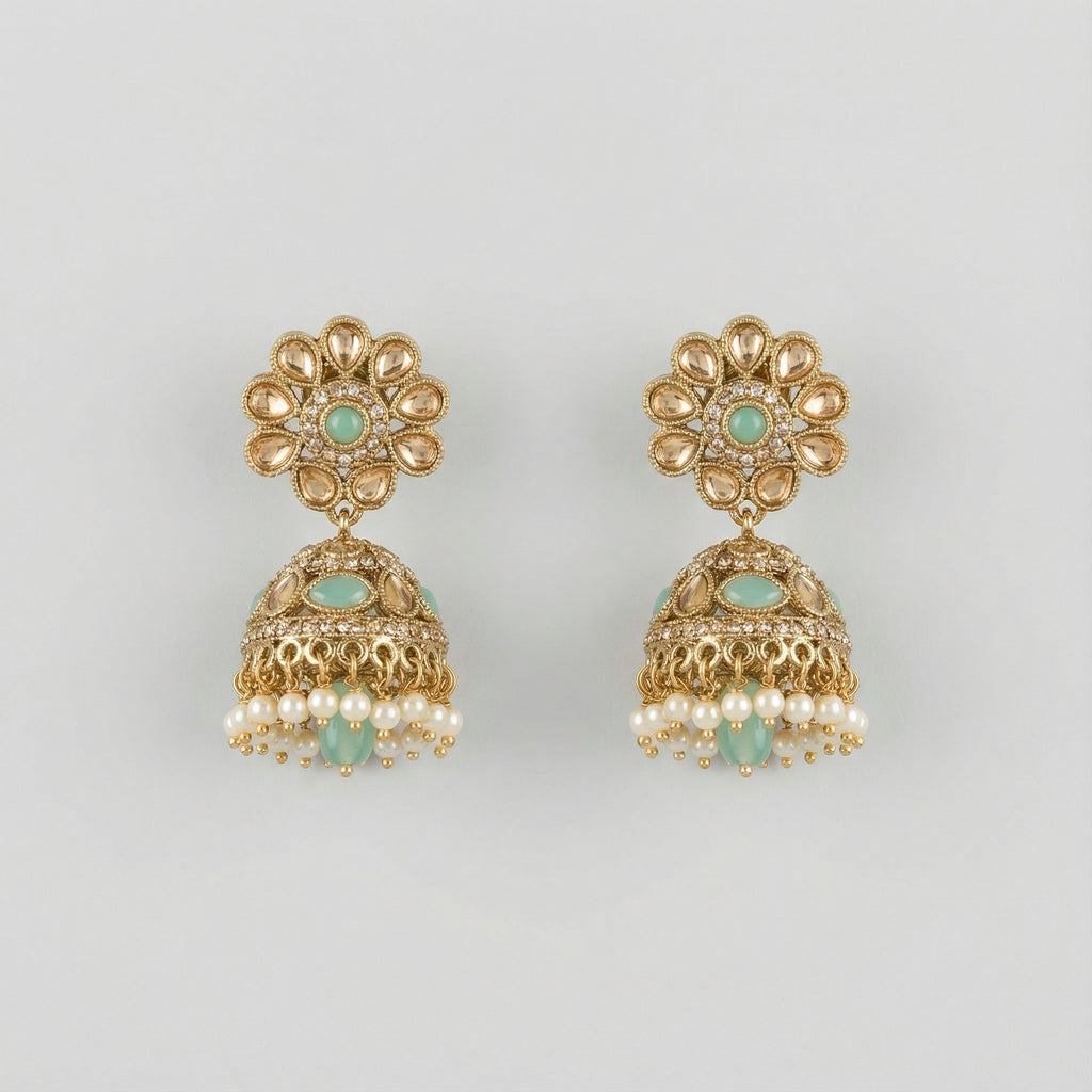 Pista Kundan Pearl Jhumka Earrings gold mint and champagne jhumkas with pearl fringe