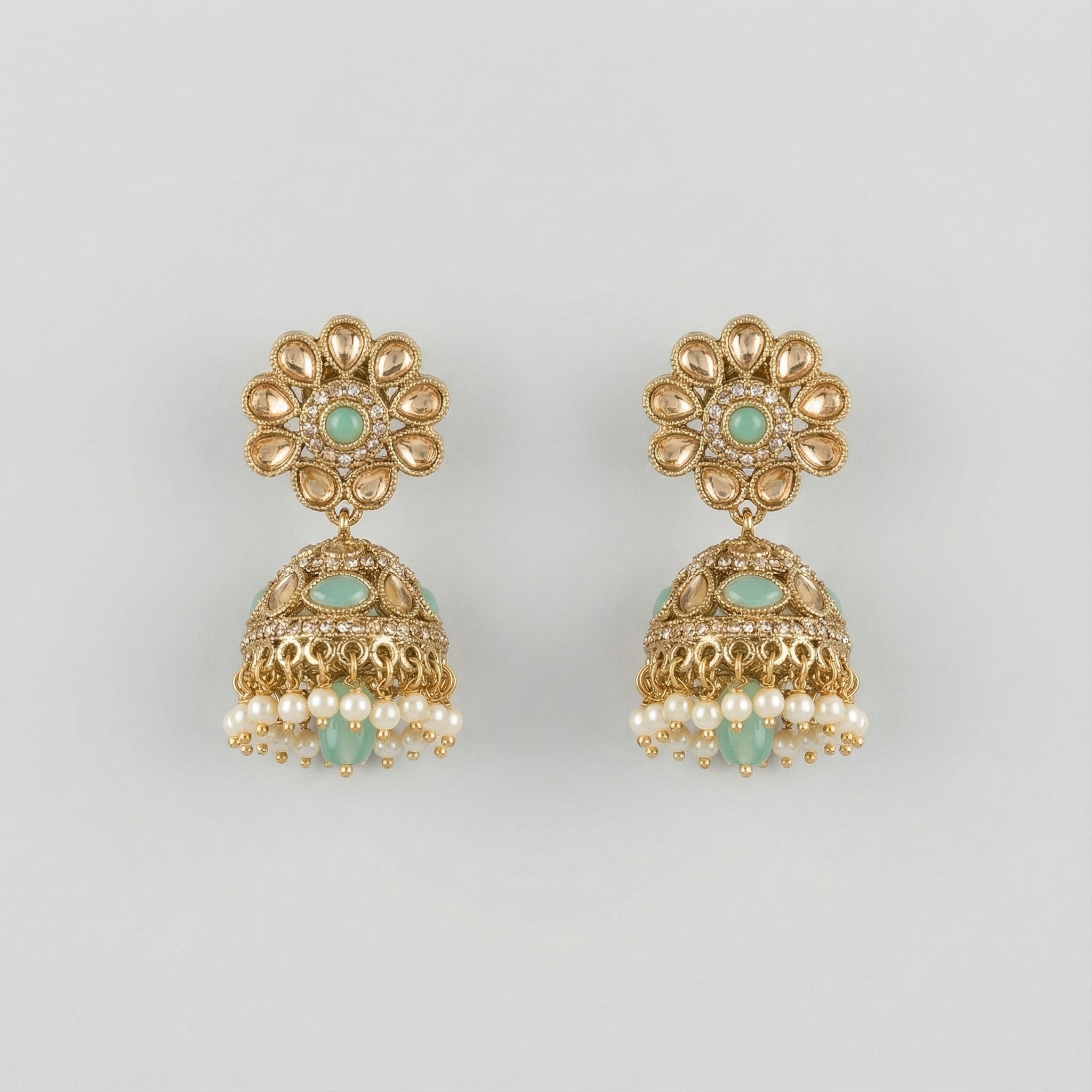 Pista Kundan Pearl Jhumka Earrings gold mint and champagne jhumkas with pearl fringe