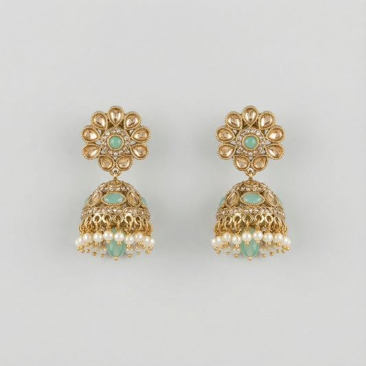 Pista Kundan Pearl Jhumka Earrings