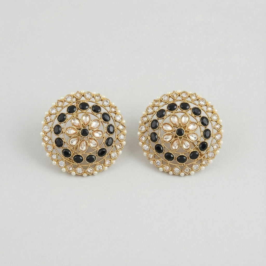 Noir Mandala Disc Earrings gold round studs with black stones pearls and clear crystals