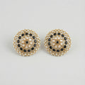 Noir Mandala Disc Earrings gold round studs with black stones pearls and clear crystals