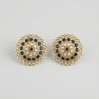 Noir Mandala Disc Earrings gold round studs with black stones pearls and clear crystals