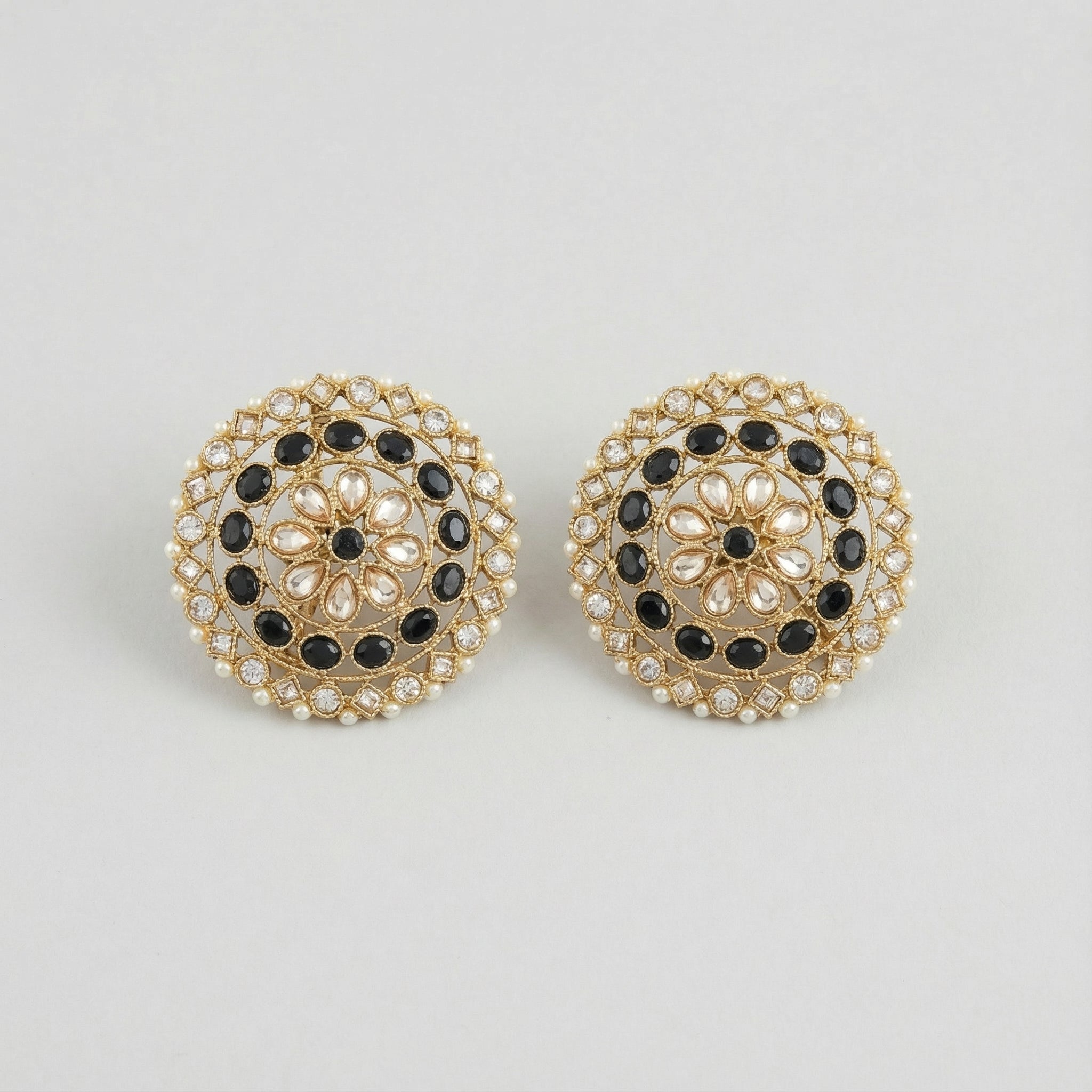 Noir Mandala Disc Earrings gold round studs with black stones pearls and clear crystals