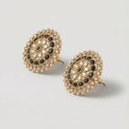 Noir Mandala Disc Earrings detail showing floral petal ring and pearl border
