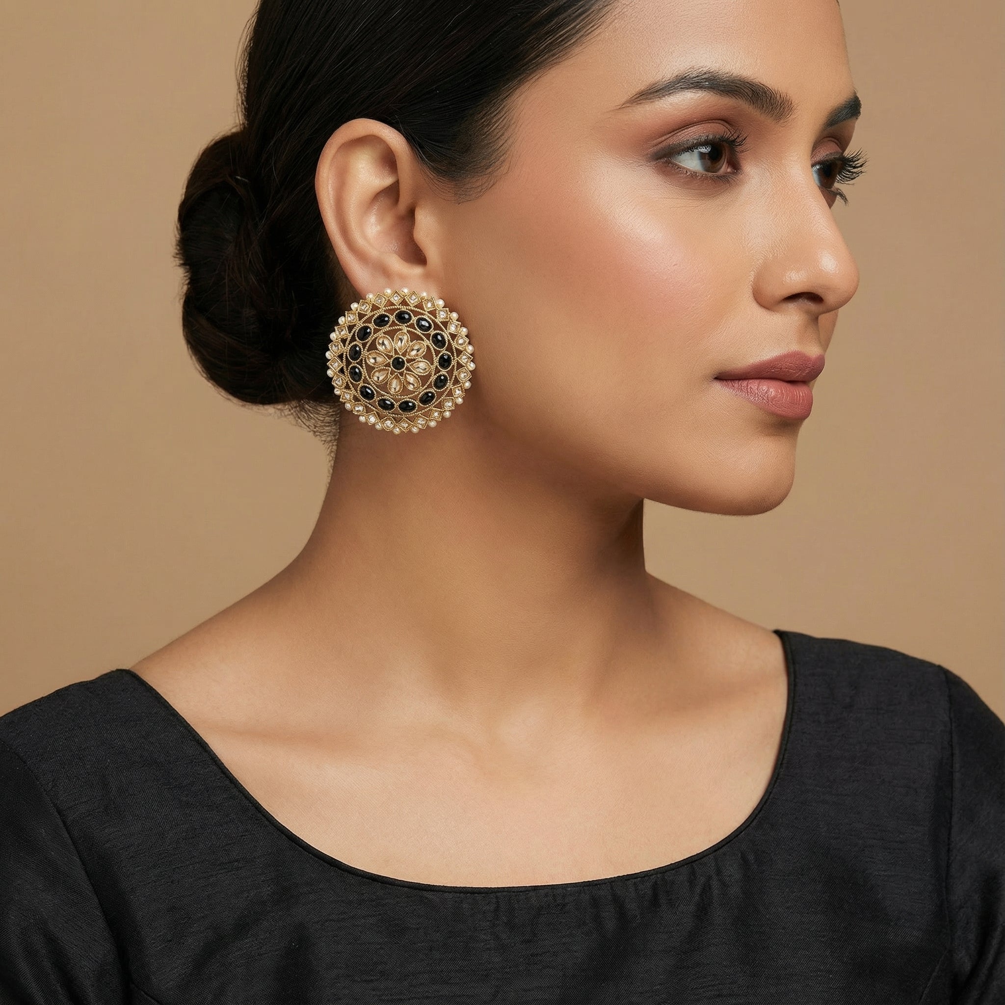 Noir Mandala Disc Earrings detail showing floral petal ring and pearl border