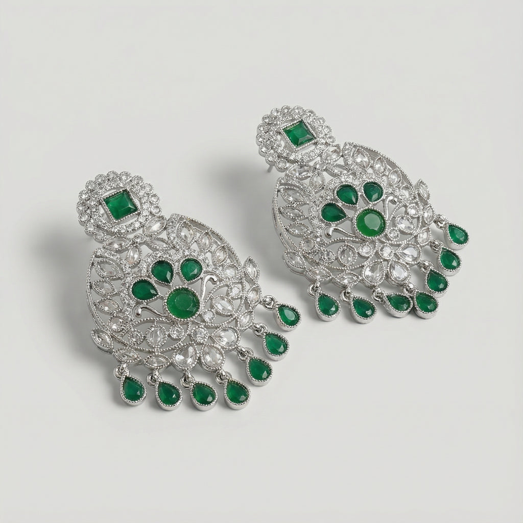 Emerald Chandni Statement Earrings detail showing emerald fan center and teardrop fringe