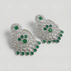 Emerald Chandni Statement Earrings detail showing emerald fan center and teardrop fringe