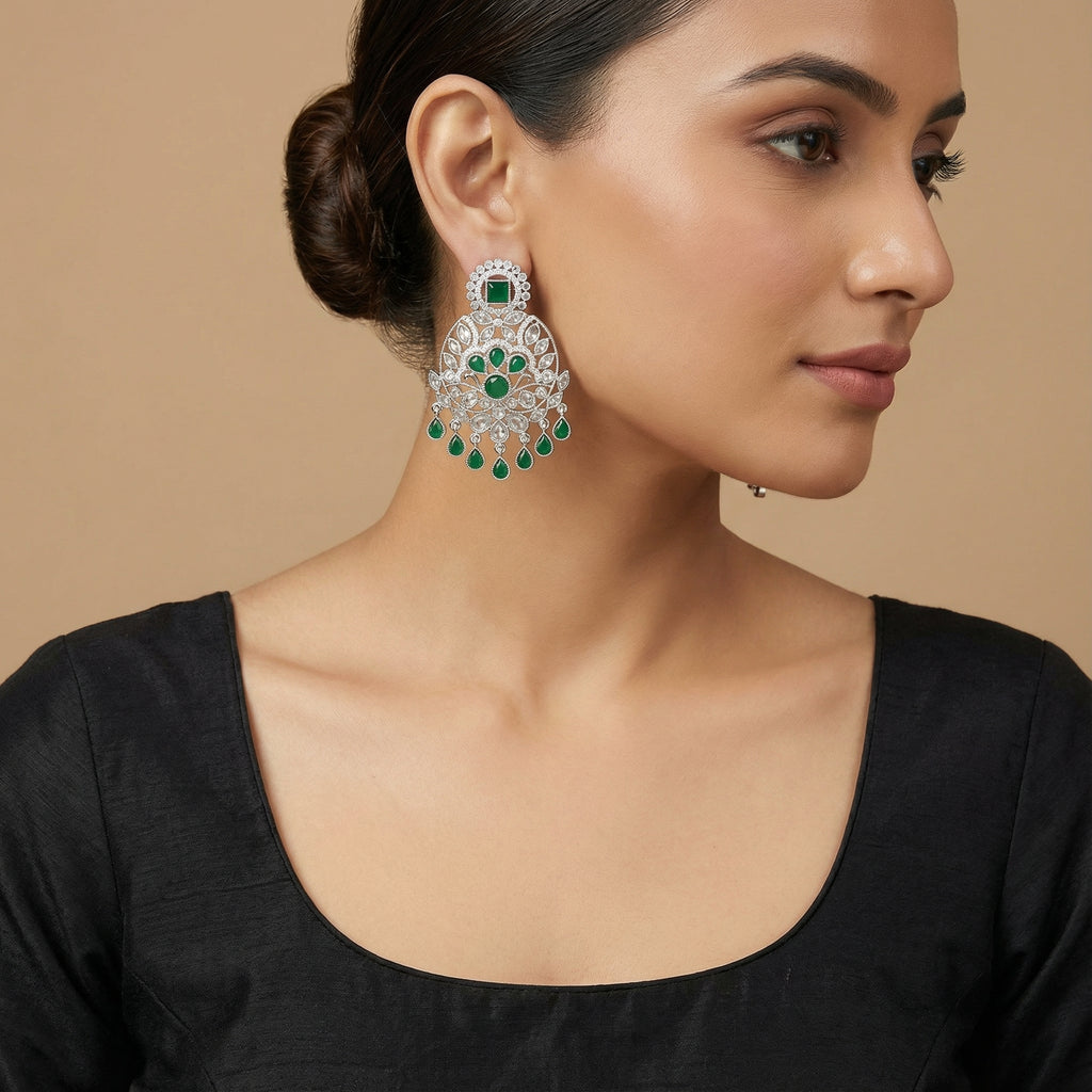 Emerald Chandni Statement Earrings detail showing emerald fan center and teardrop fringe