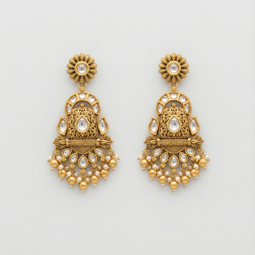 Chandrika Floral Kundan Drops antique gold kundan jhumkas with pearl fringe