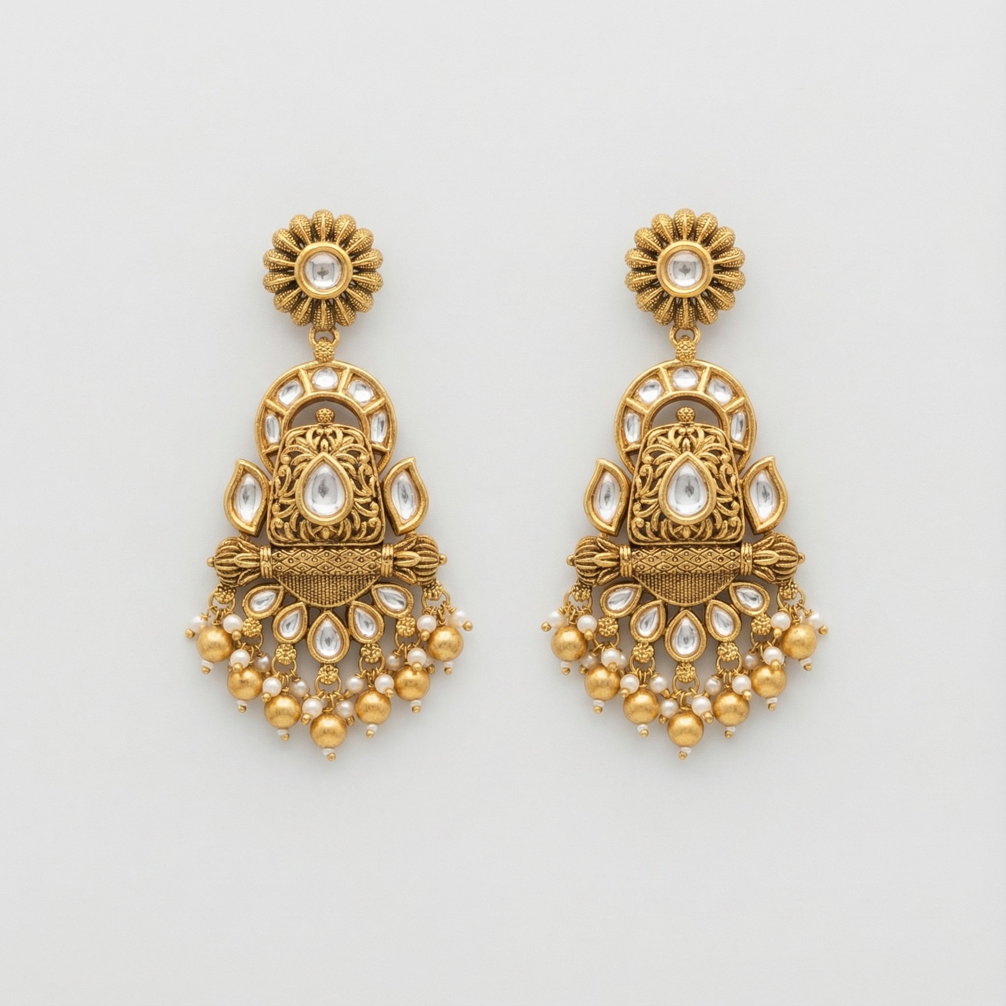 Chandrika Floral Kundan Drops antique gold kundan jhumkas with pearl fringe