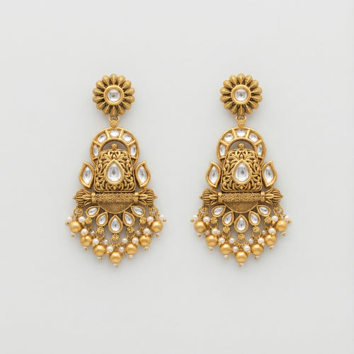 Chandrika Floral Kundan Drops antique gold kundan jhumkas with pearl fringe