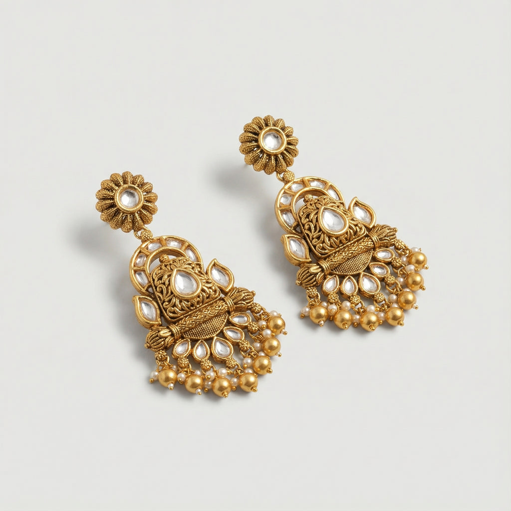 Chandrika Floral Kundan Drops detail showing polki teardrop panels and bead fringe