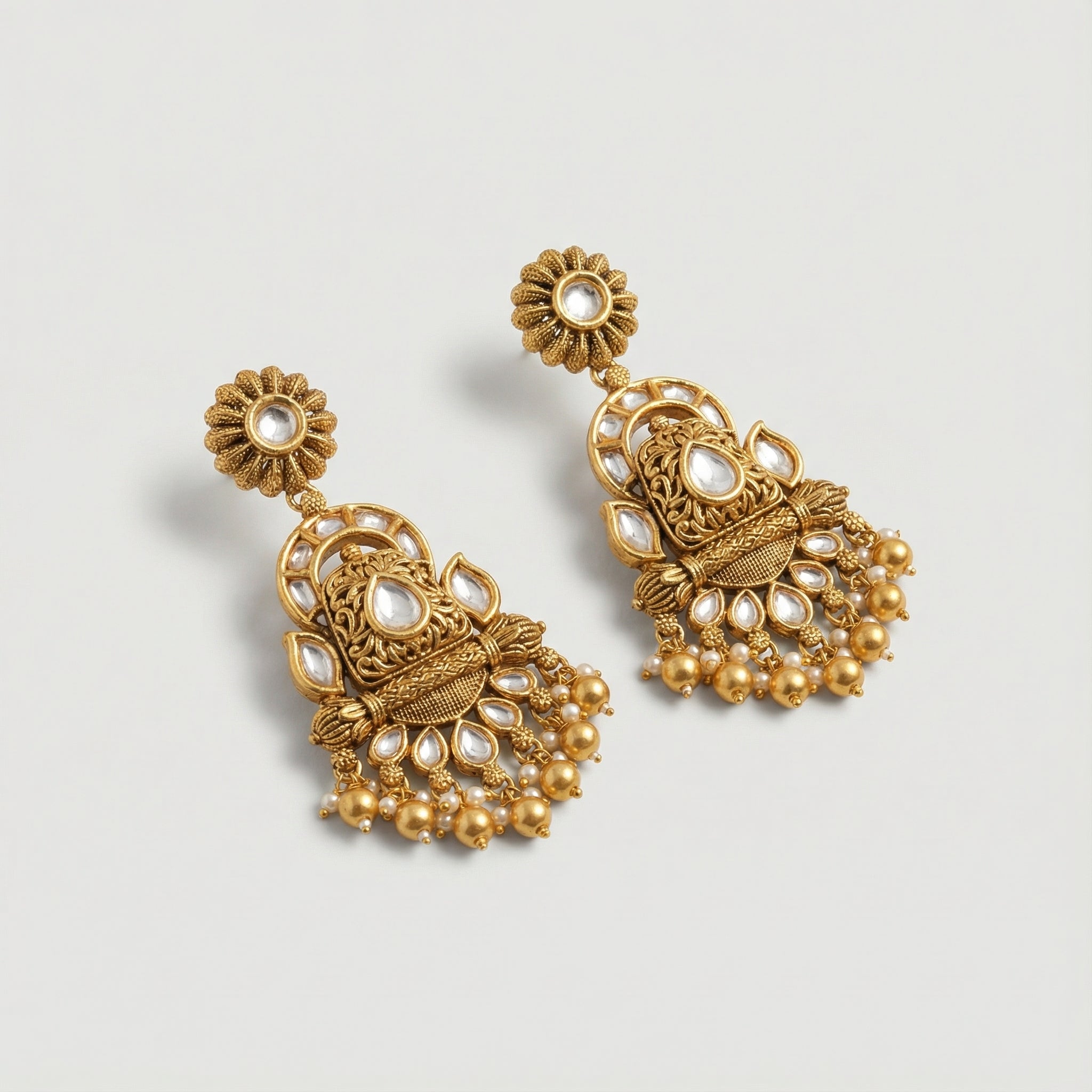 Chandrika Floral Kundan Drops detail showing polki teardrop panels and bead fringe