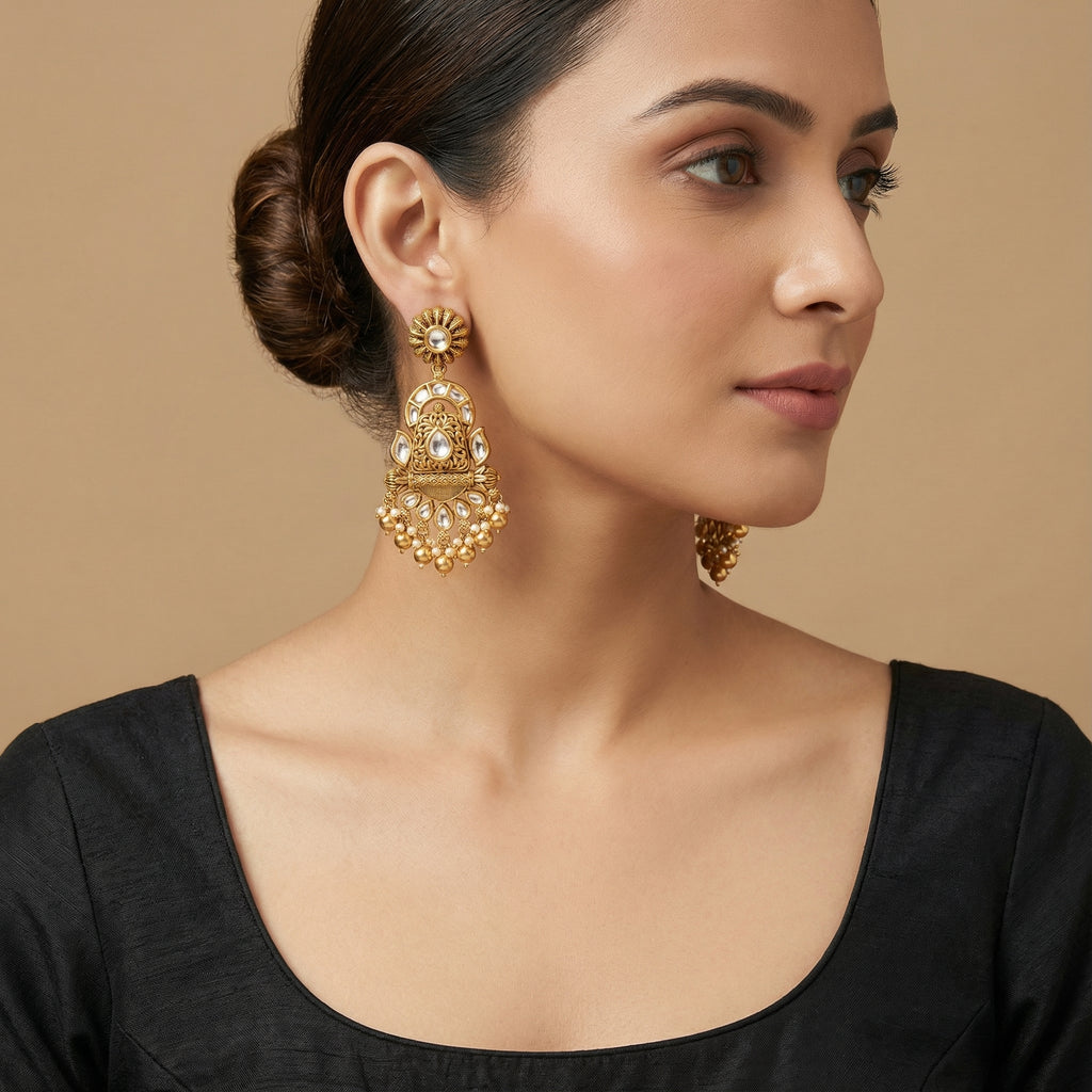 Chandrika Floral Kundan Drops detail showing polki teardrop panels and bead fringe