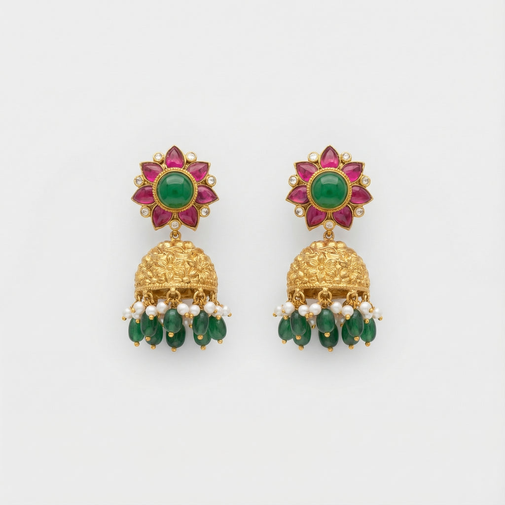 Gulnaar Emerald Dome Jhumkas gold floral stud jhumkas with pearl and green fringe