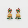 Gulnaar Emerald Dome Jhumkas gold floral stud jhumkas with pearl and green fringe