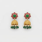 Gulnaar Emerald Dome Jhumkas gold floral stud jhumkas with pearl and green fringe
