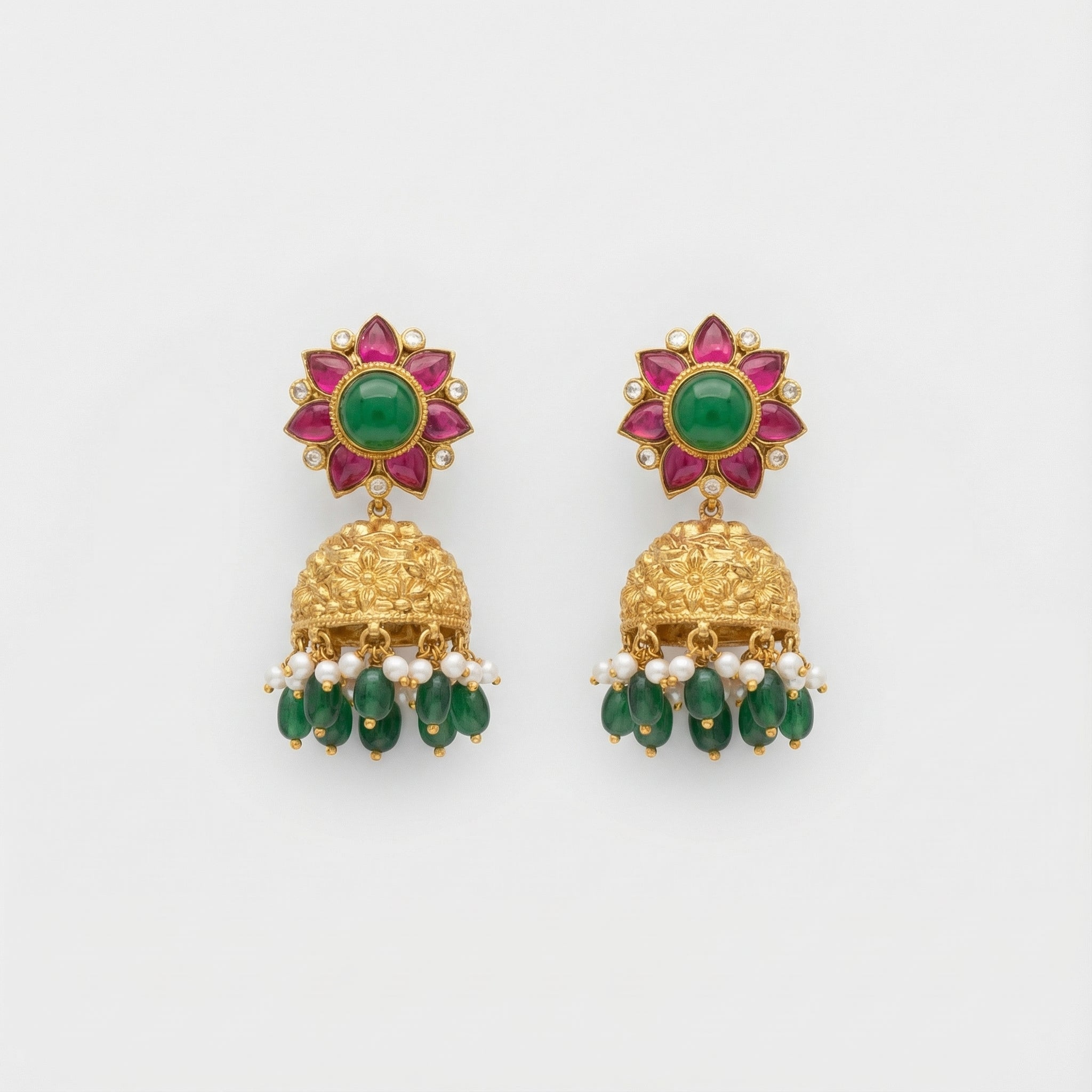Gulnaar Emerald Dome Jhumkas gold floral stud jhumkas with pearl and green fringe