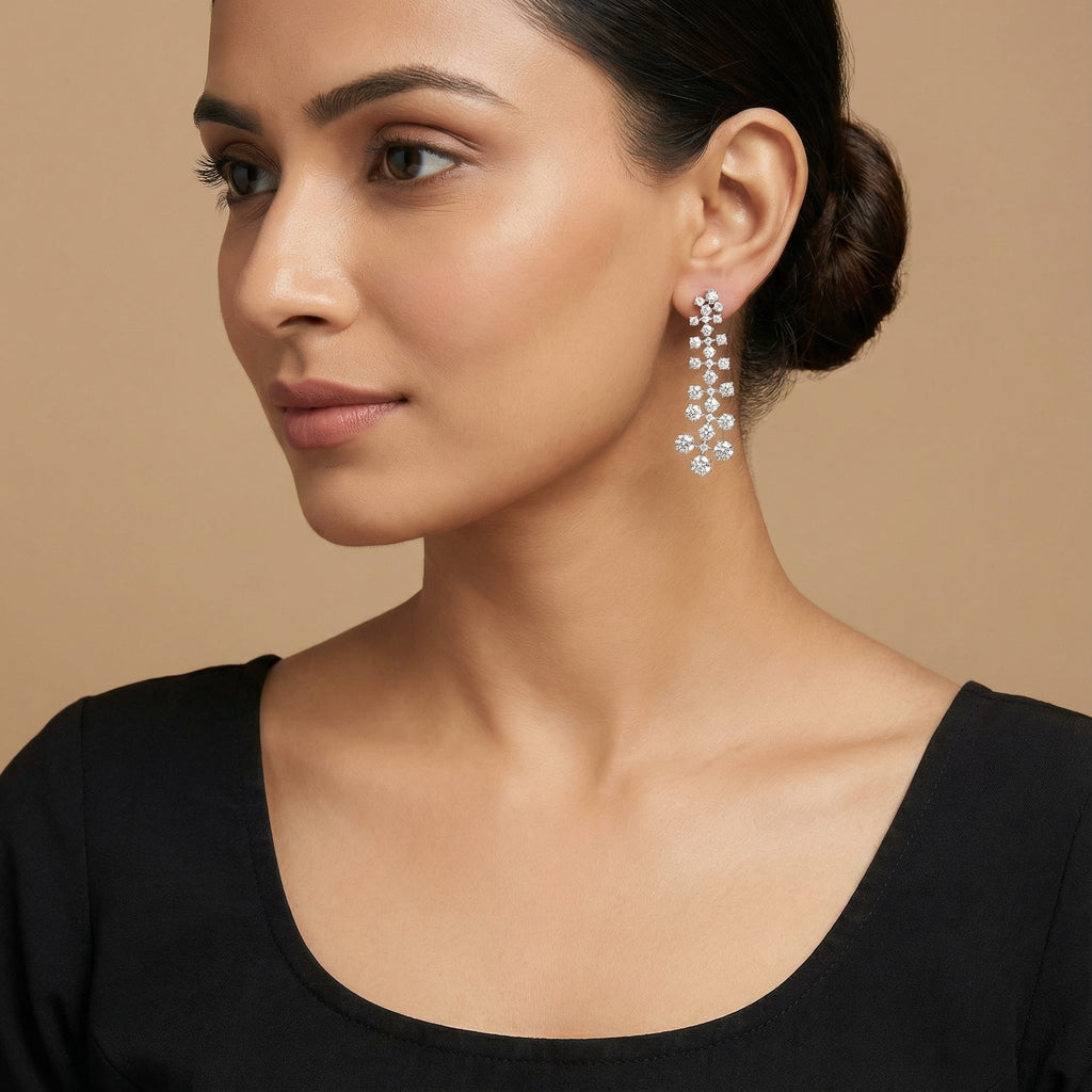 Nova Shine Drop Earrings detail showing vertical crystal tiers and tapered drop silhouette