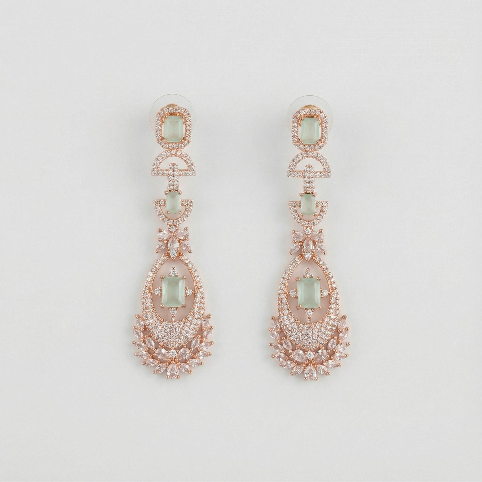 Mint Aurora Rose-Gold Earrings rose-gold mint rectangular tiered drops with marquise accents
