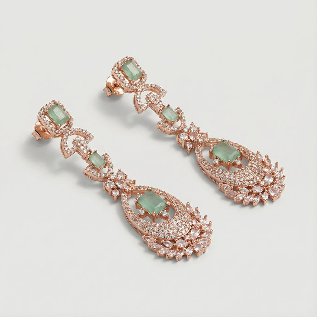 Mint Aurora Rose-Gold Earrings detail showing open teardrop frame and floral marquise cluster