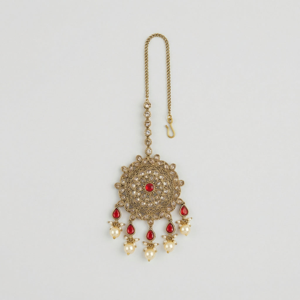 Noor Mahal Ruby Tikka antique gold medallion maang tikka with ruby center and pearl-tip drops