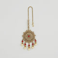 Noor Mahal Ruby Tikka antique gold medallion maang tikka with ruby center and pearl-tip drops