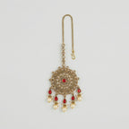 Noor Mahal Ruby Tikka antique gold medallion maang tikka with ruby center and pearl-tip drops