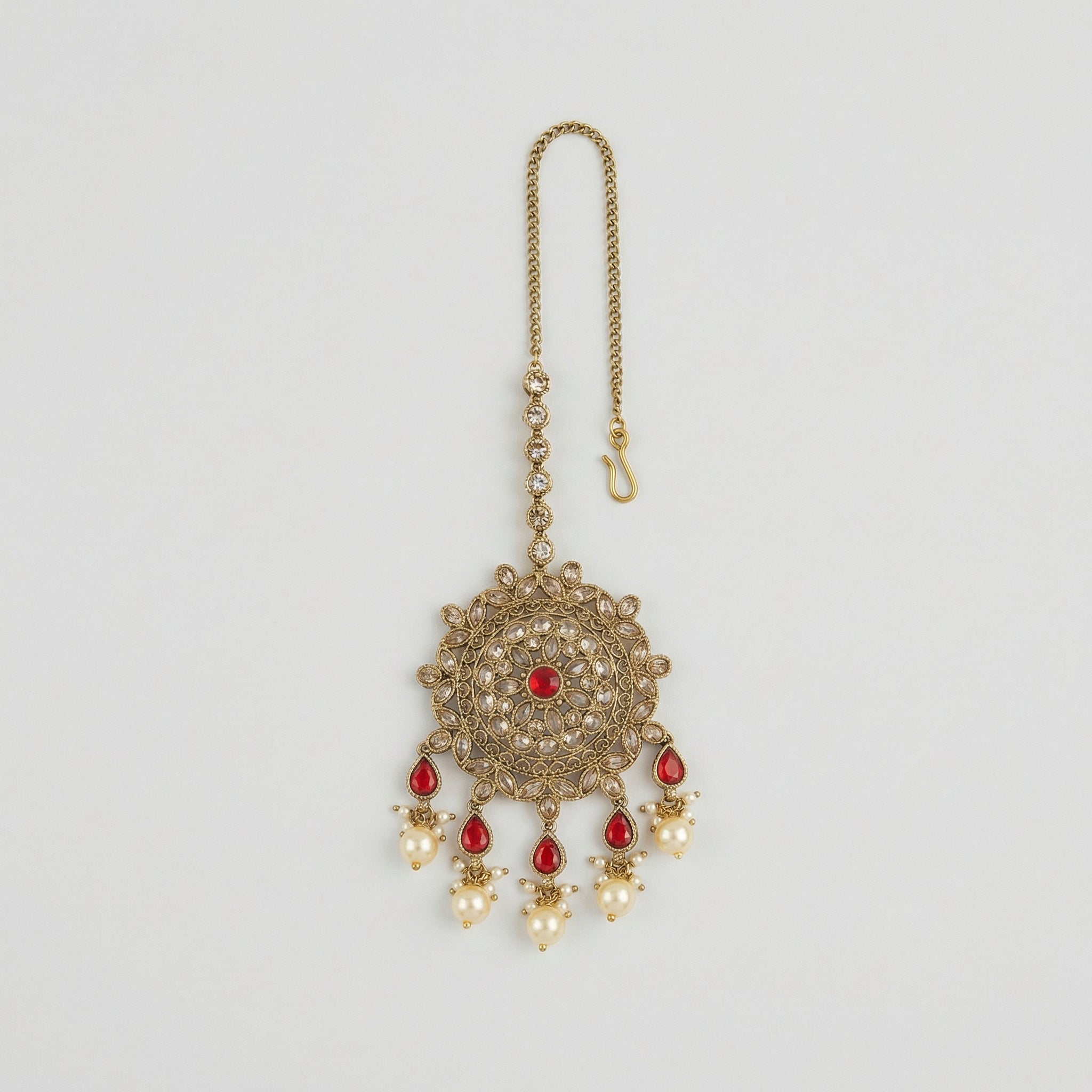 Noor Mahal Ruby Tikka antique gold medallion maang tikka with ruby center and pearl-tip drops