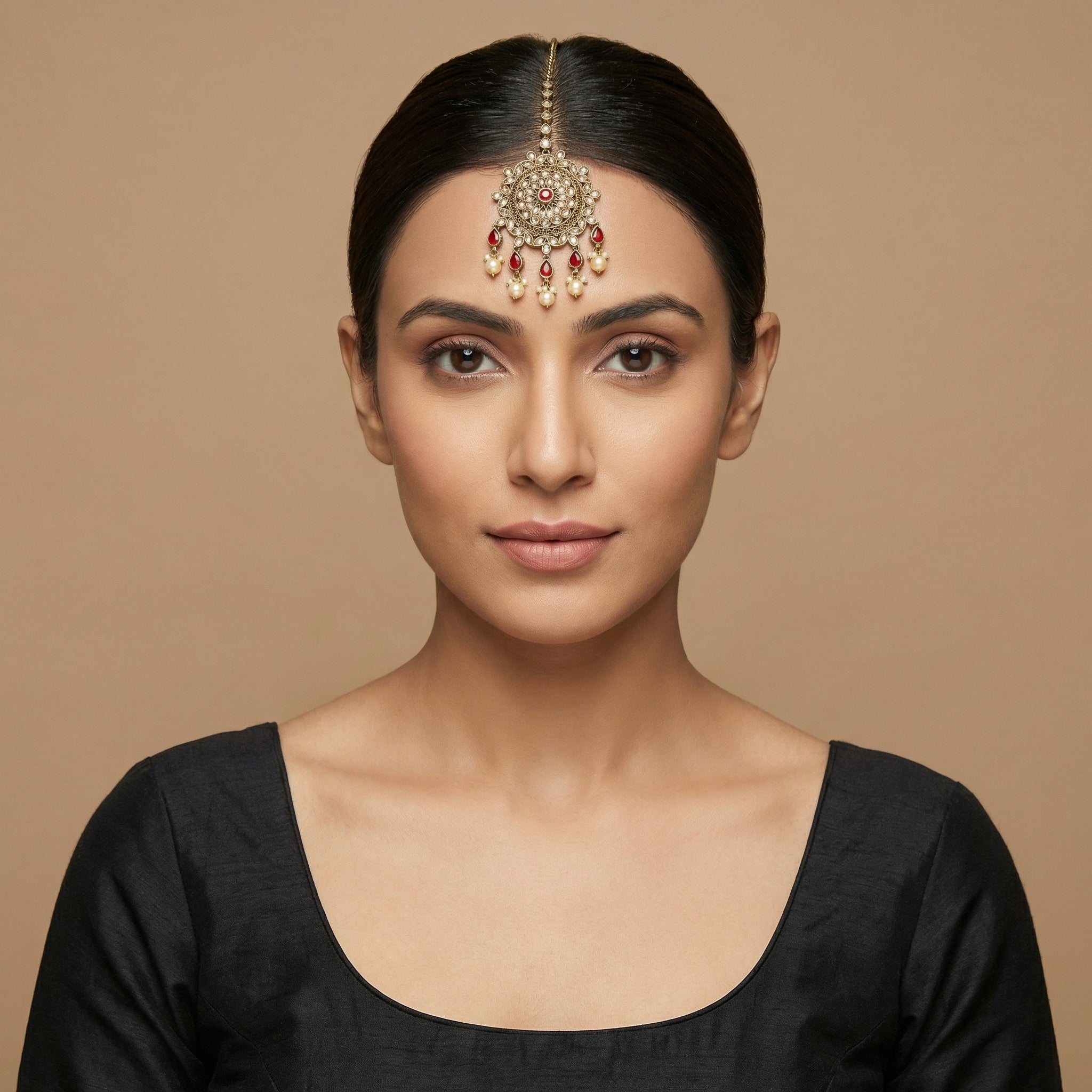 Noor Mahal Ruby Tikka detail showing filigree ruby medallion and teardrop fringe