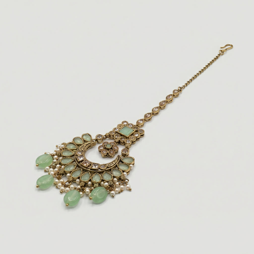 Mint Pearl Drop Tikka detail of crescent mint green teardrop border and five bottom bead drops