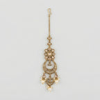 Ivory Aura Kundan Tikka antique gold chandbali maang tikka with kundan crescent and pearl drops on gray background