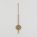 Classic Noor Round Tikka antique gold round mandala maang tikka with champagne stones on gray background