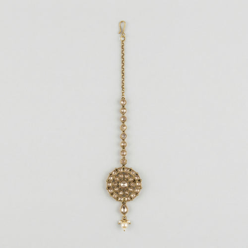 Classic Noor Round Tikka antique gold round mandala maang tikka with champagne stones on gray background