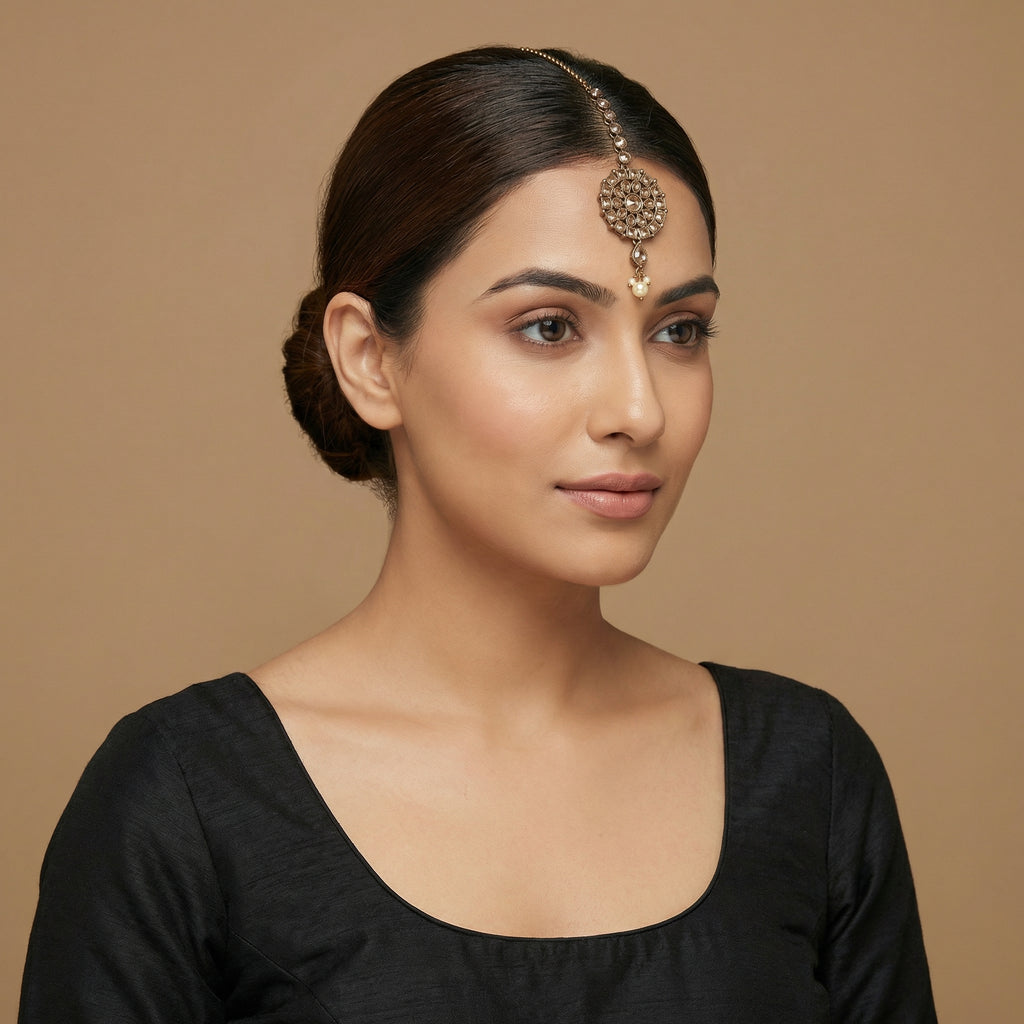 Classic Noor Round Tikka detail showing crystal link chain, floral medallion, and pearl-accent teardrop drop