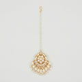 Luna Pearl Kundan Tikka gold maang tikka with pearl chain and kundan floral pendant on gray background