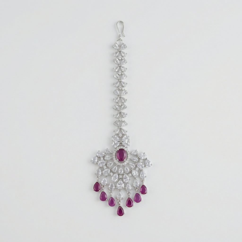 Noorani Ruby Tikka silver fan maang tikka with ruby center and seven pear drops