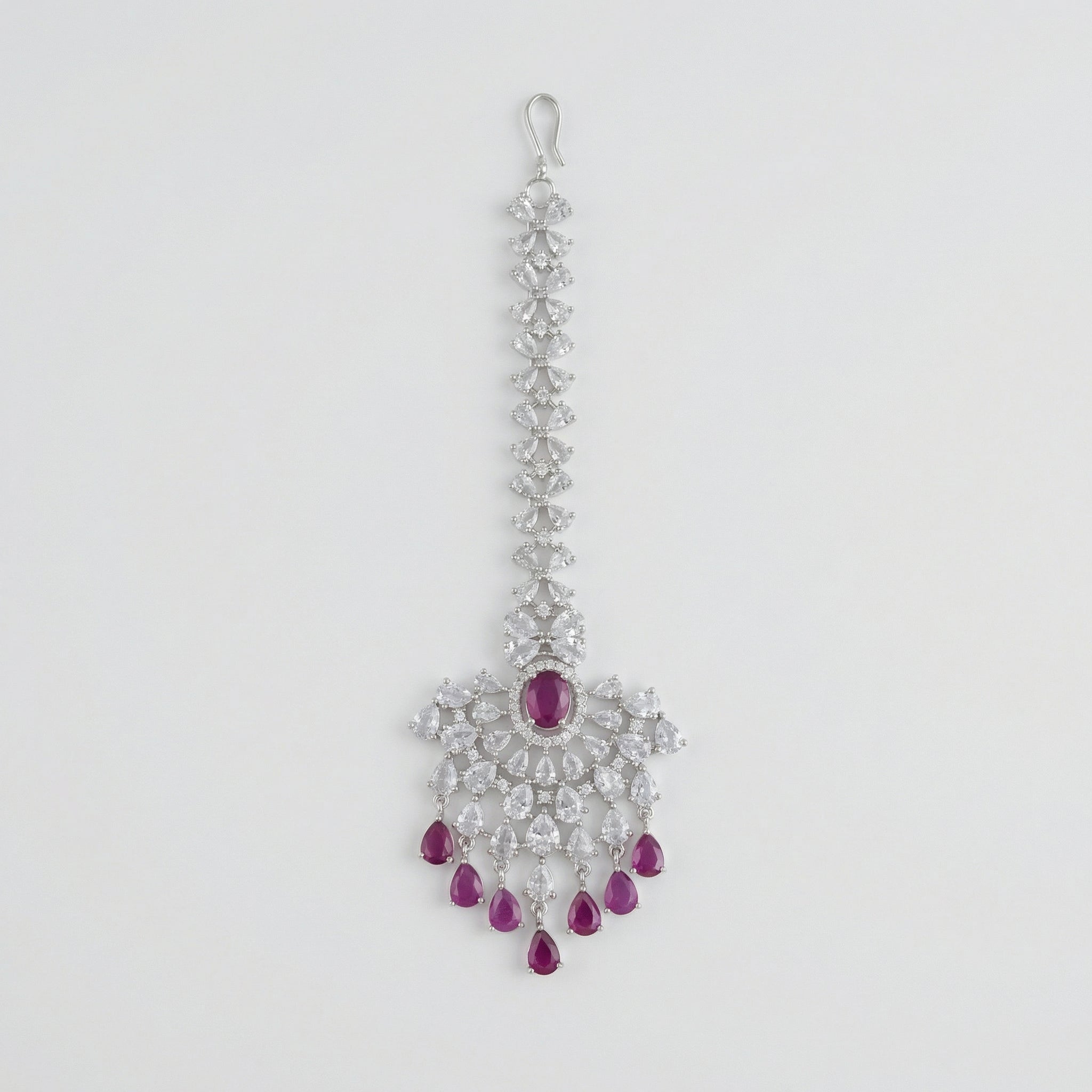 Noorani Ruby Tikka silver fan maang tikka with ruby center and seven pear drops