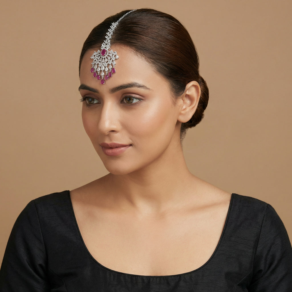 Noorani Ruby Tikka detail showing ruby oval centerpiece and kundan openwork fan