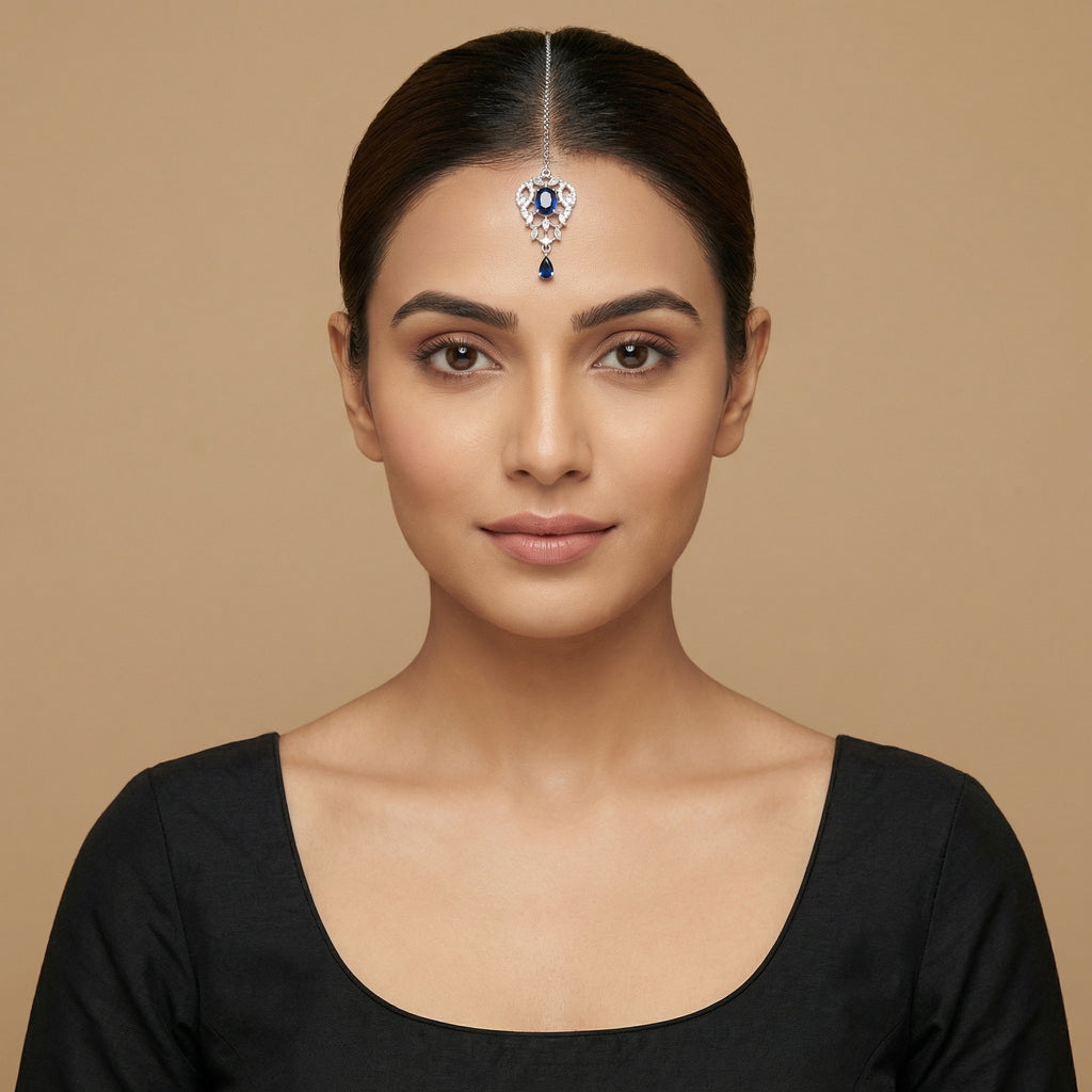 Sapphire Drop Crystal Tikka detail showing oval navy center, clear pavé frame, and navy teardrop drop